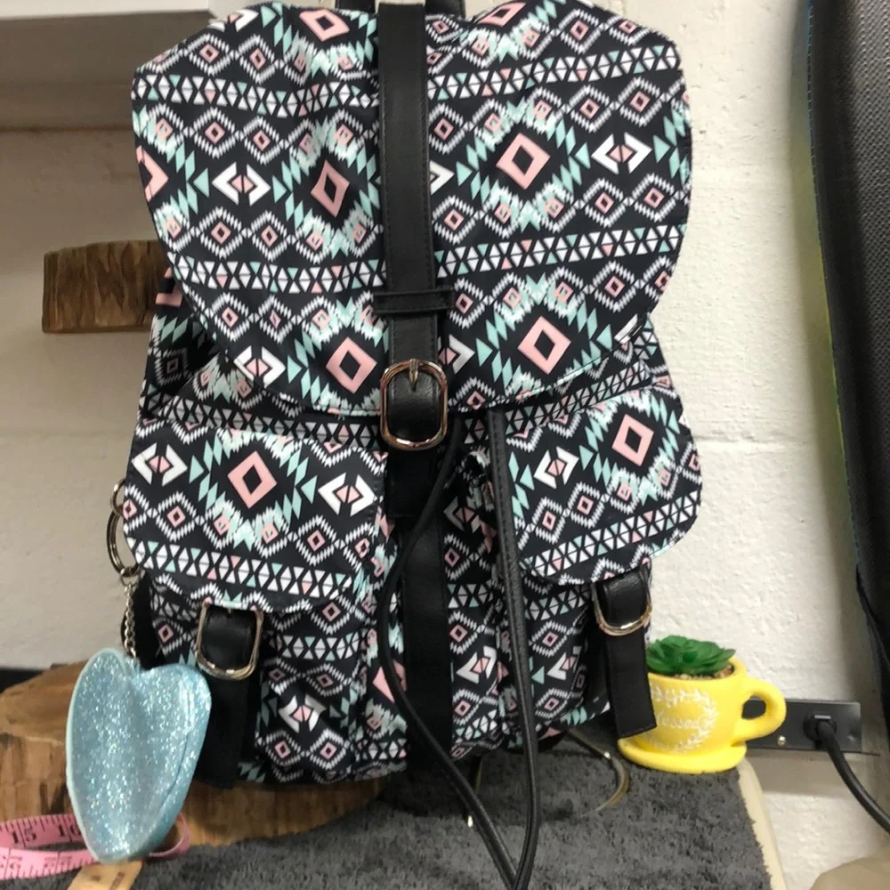 Large backpack purse Aztec print teal blush and black drawstring closure
